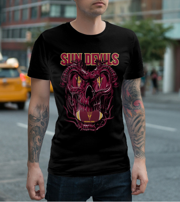 Arizona State Sun Devils Skull With Football Motif T-Shirt