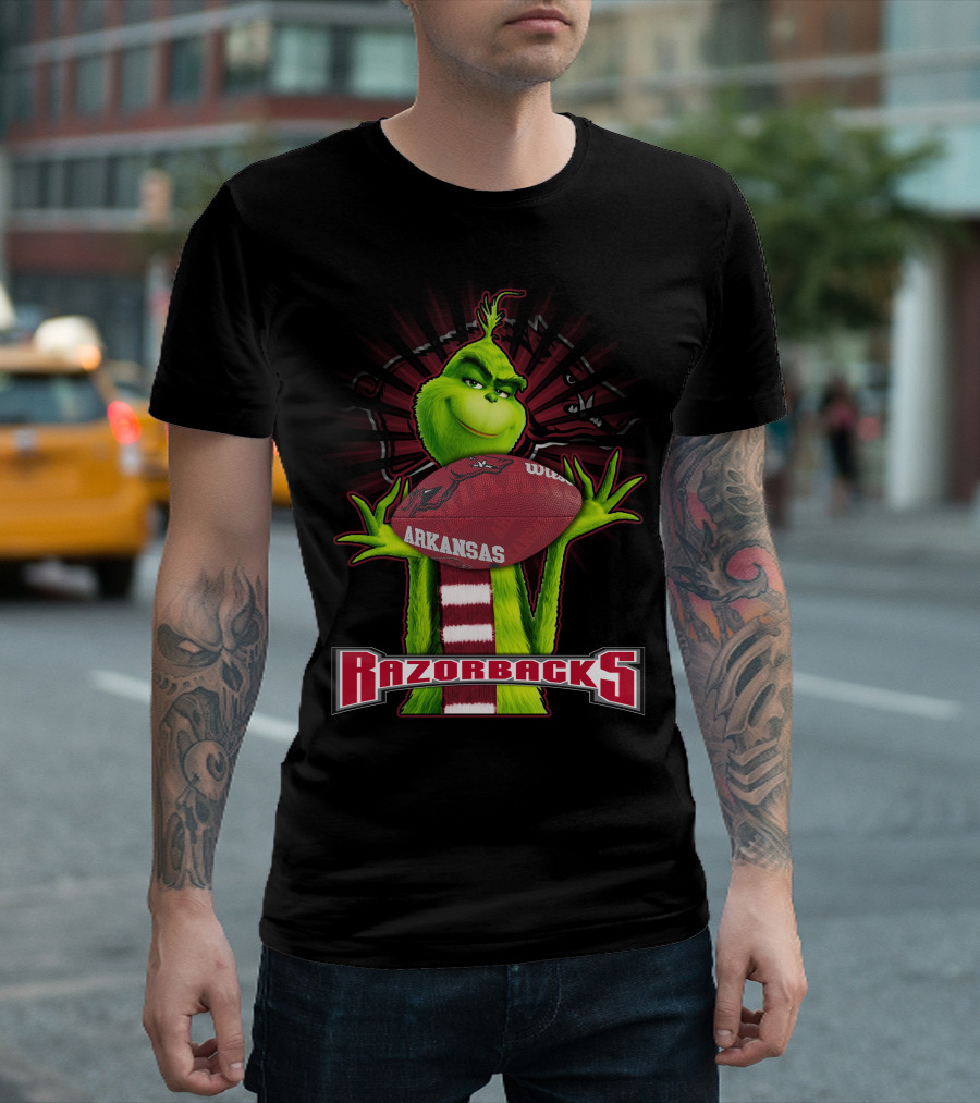 Grinch Holding Arkansas Razorbacks Football T-Shirt