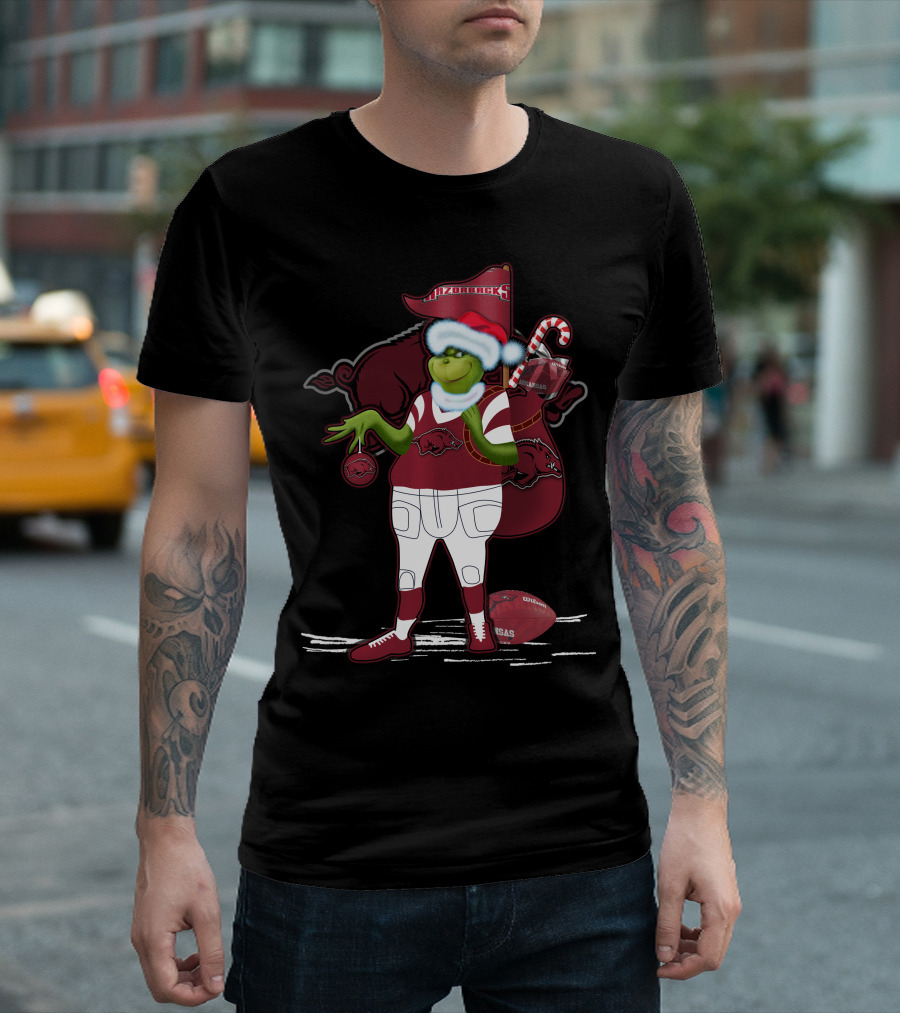 Grinchxmas Arkansas Razorbacks Santa Hat Football Candy Cane T-Shirt