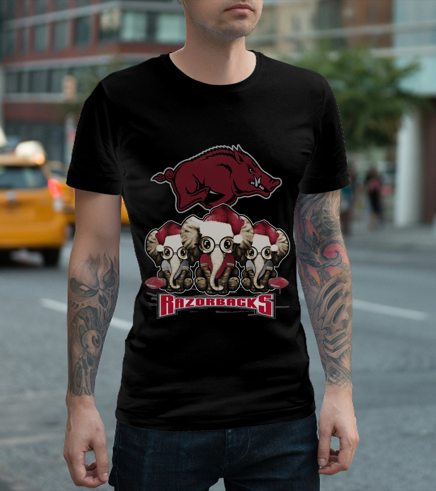 Razorbacks Elephan Xmas with Santa Hat Elephants and Arkansas T-Shirt