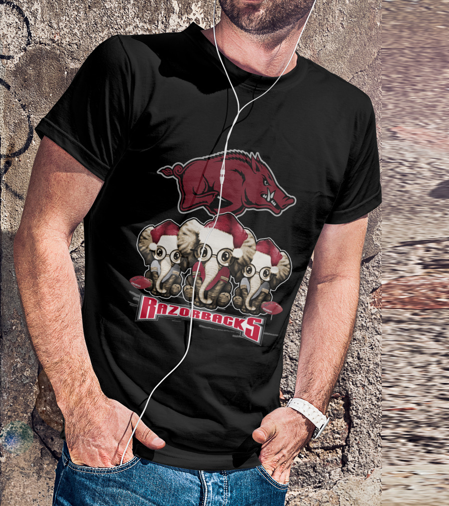 Razorbacks Elephan Xmas With Santa Hat Elephants And Arkansas T-Shirt