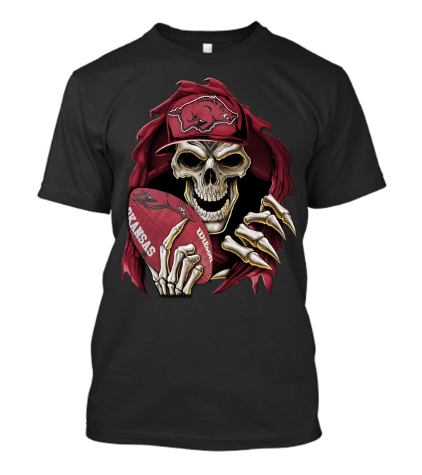 Skullbong Arkansas Razorbacks Skeleton Holding Football With Razorback Cap T-Shirt