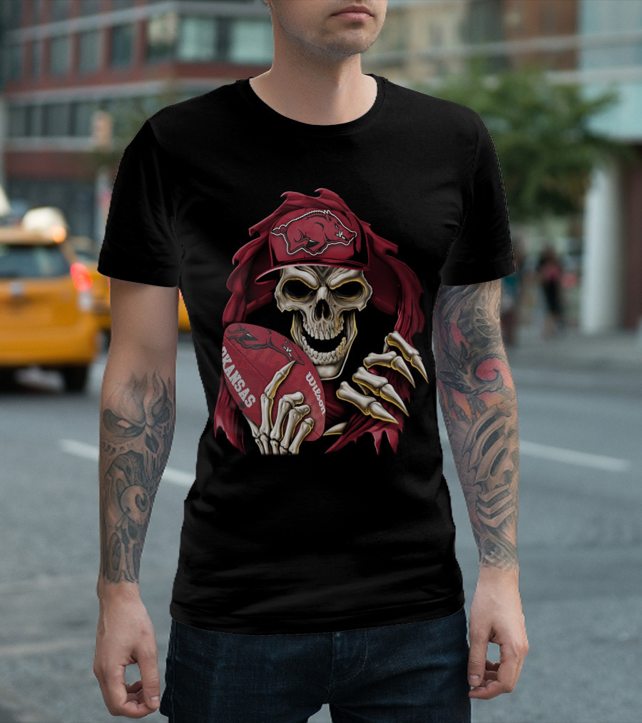 Skullbong Arkansas Razorbacks Skeleton Holding Football with Razorback Cap T-Shirt