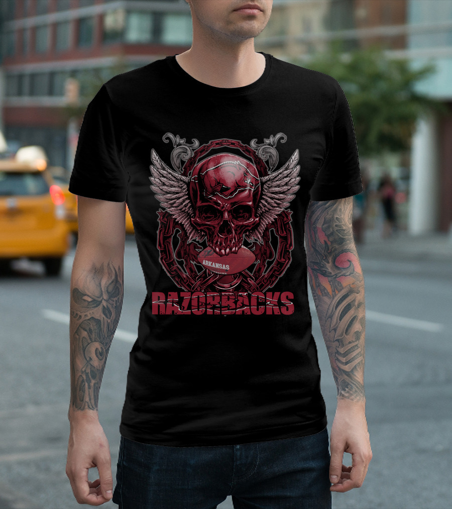 Arkansas Razorbacks Skull Winged Football T-Shirt
