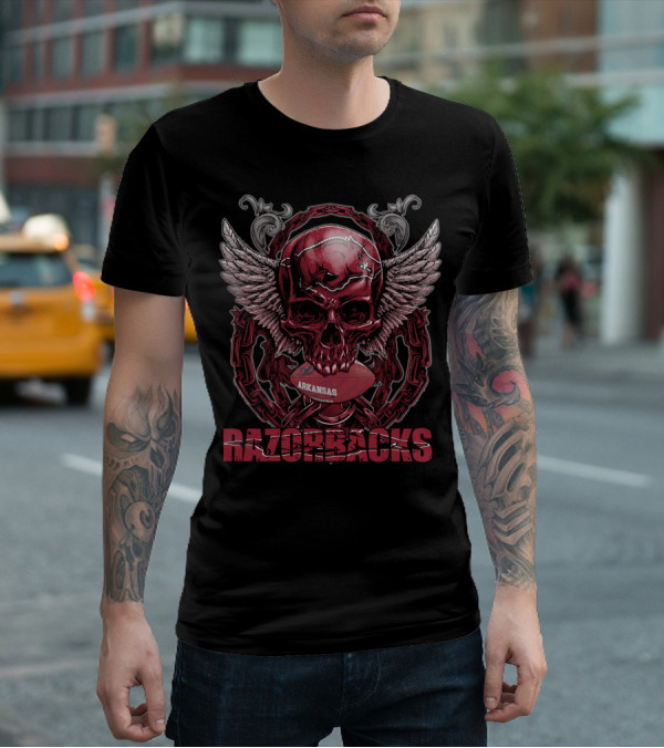 Arkansas Razorbacks Skull Winged Football T-Shirt