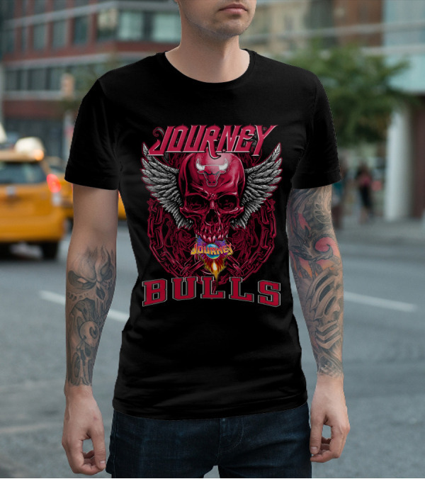Journey Chicago Bulls Flaming Skull Wings Chain T-Shirt