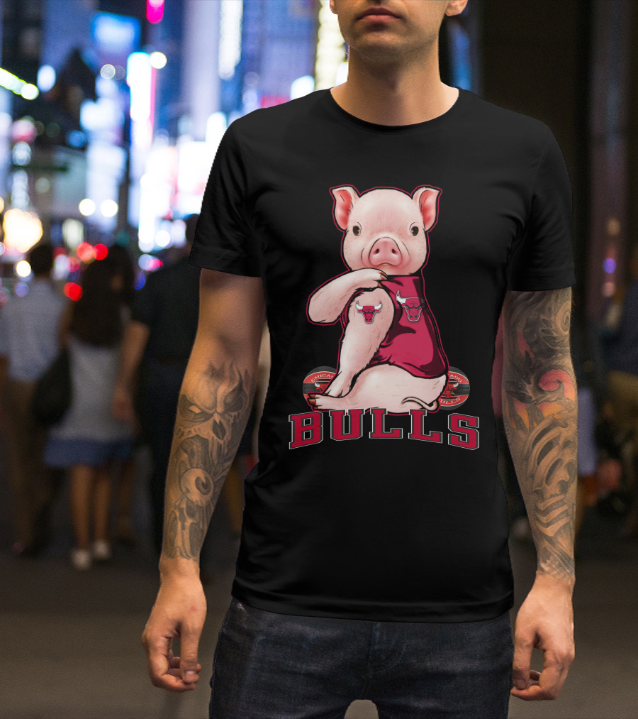 Pig With Chicago Bulls Logo On Jersey And Bulls Emblem T-Shirt
