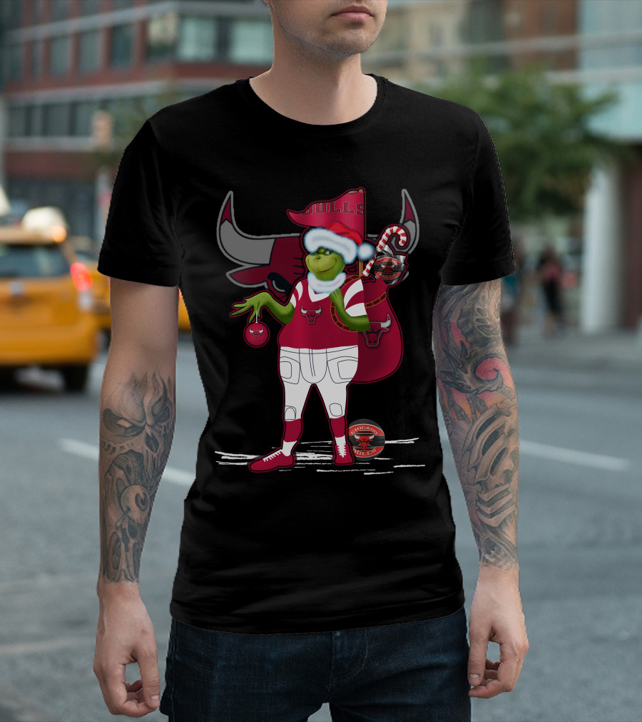 Grinchxmas Chicago Bulls Holiday Character with Santa Hat and Candy Cane T-Shirt