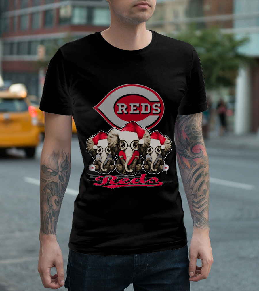 Cincinnati Reds Christmas Elephants in Santa Hats T-Shirt
