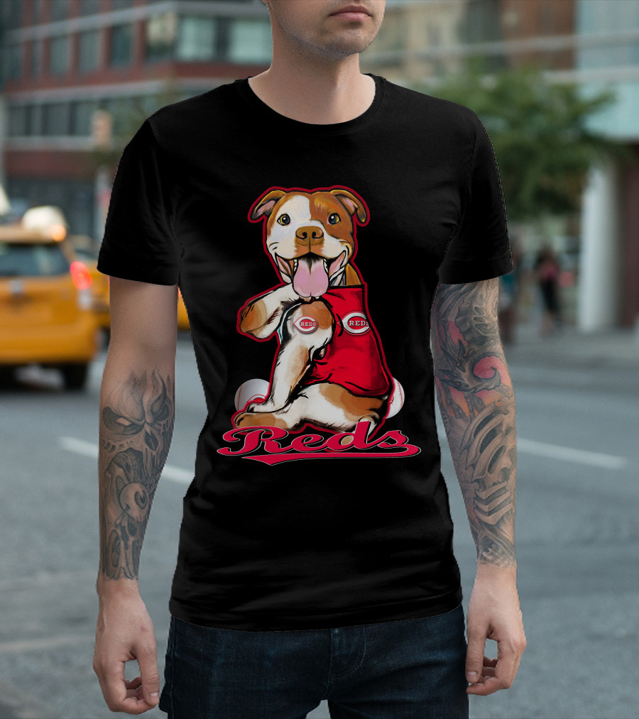 Pittbull Wearing Cincinnati Reds Jersey With Baseballs T-Shirt
