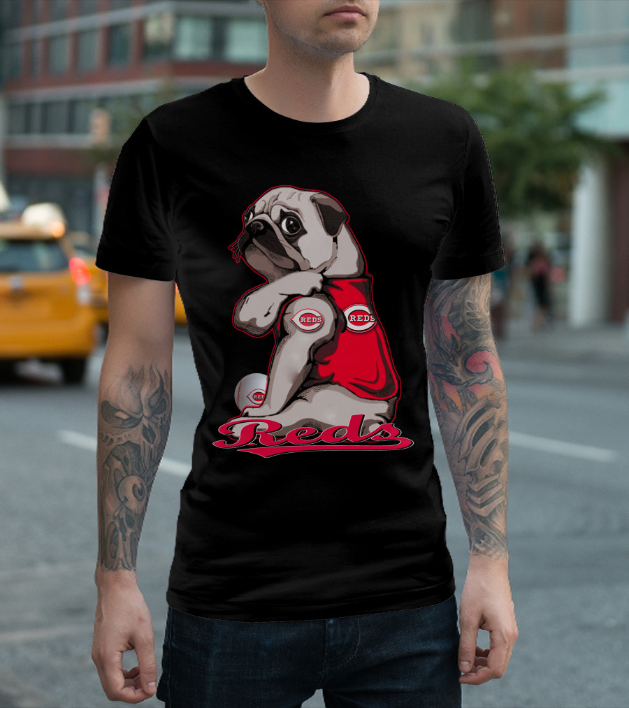Pug Wearing Cincinnati Reds Jersey with Baseball T-Shirt