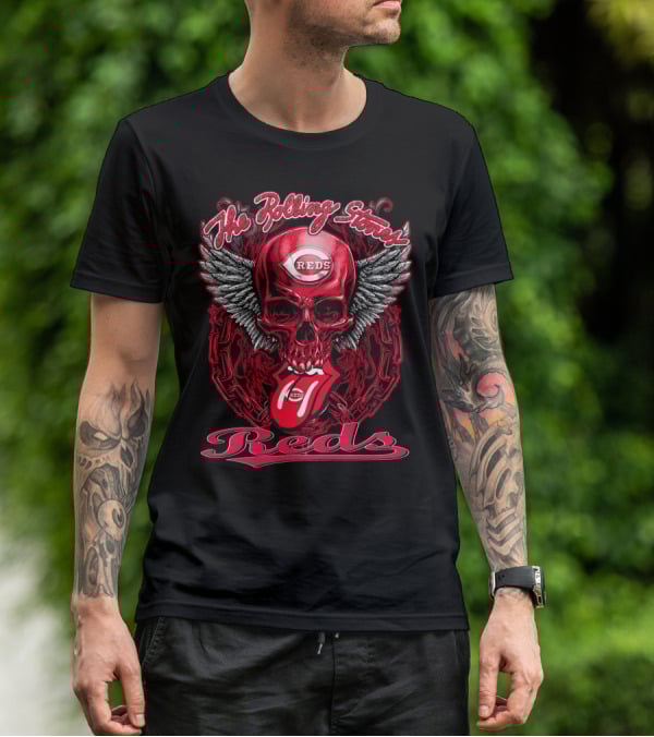The Rolling Stones Reds Skull Wings Logo Baseball Cincinnati T-Shirt