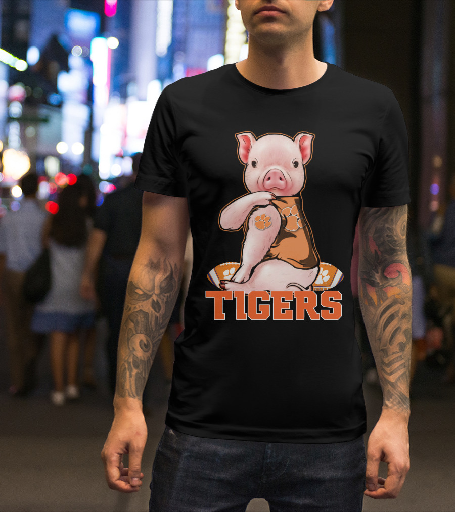 Pig Wearing Clemson Tigers Jersey Football Motif T-Shirt