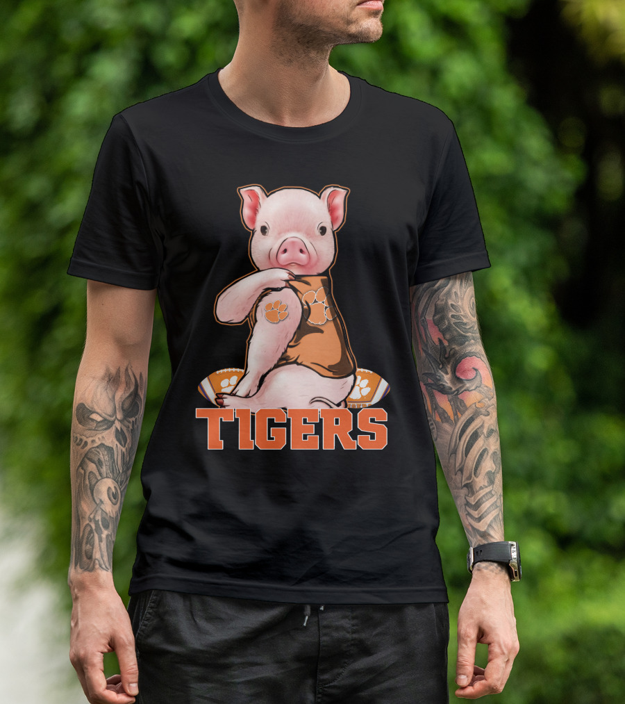 Pig Wearing Clemson Tigers Jersey Football Motif T-Shirt