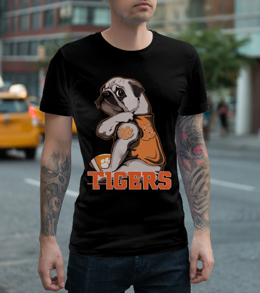 Pug Wearing Clemson Tigers Jersey With Paw Prints Football T-Shirt