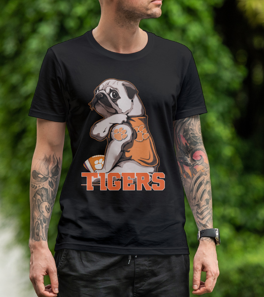 Pug Wearing Clemson Tigers Jersey With Paw Prints Football T-Shirt