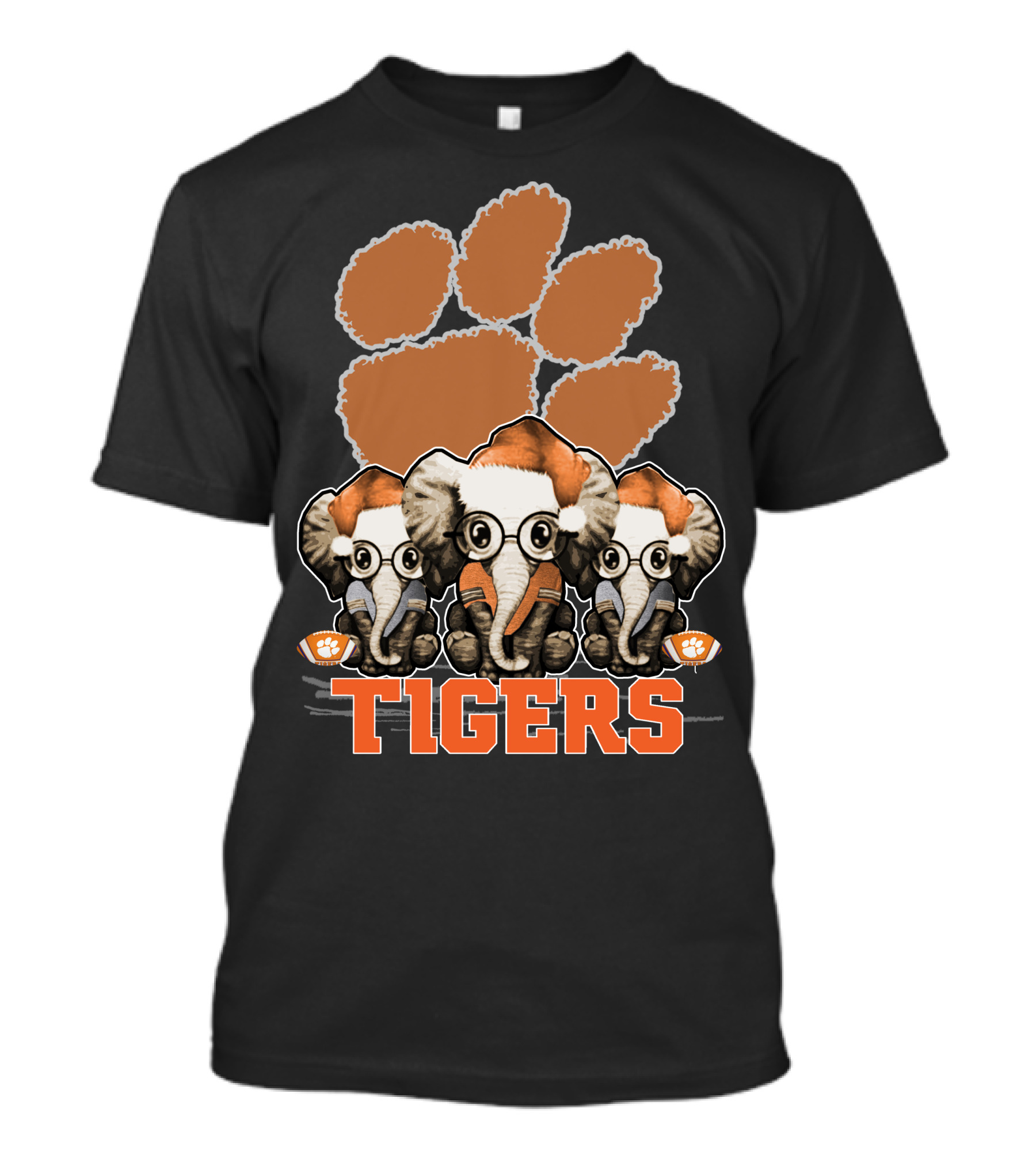 Clemson Tigers Christmas Elephants In Santa Hats With Paw Prints T-Shirt