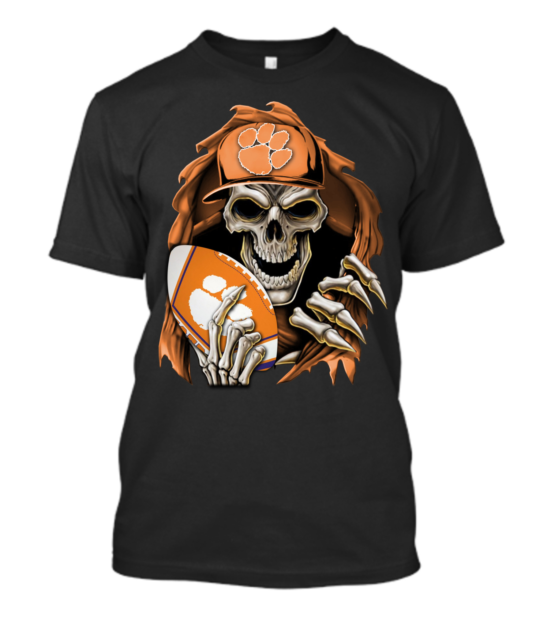 Skullbong Clemson Tigers Skeleton In Hat Holding Football T-Shirt