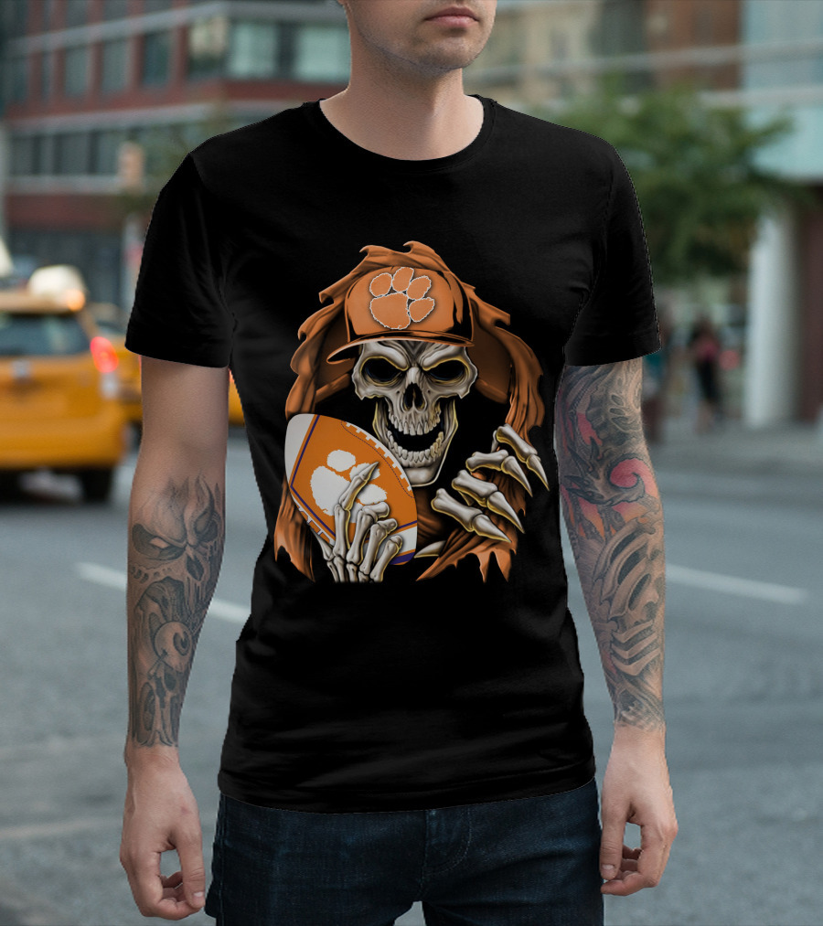 Skullbong Clemson Tigers Skeleton in Hat Holding Football T-Shirt