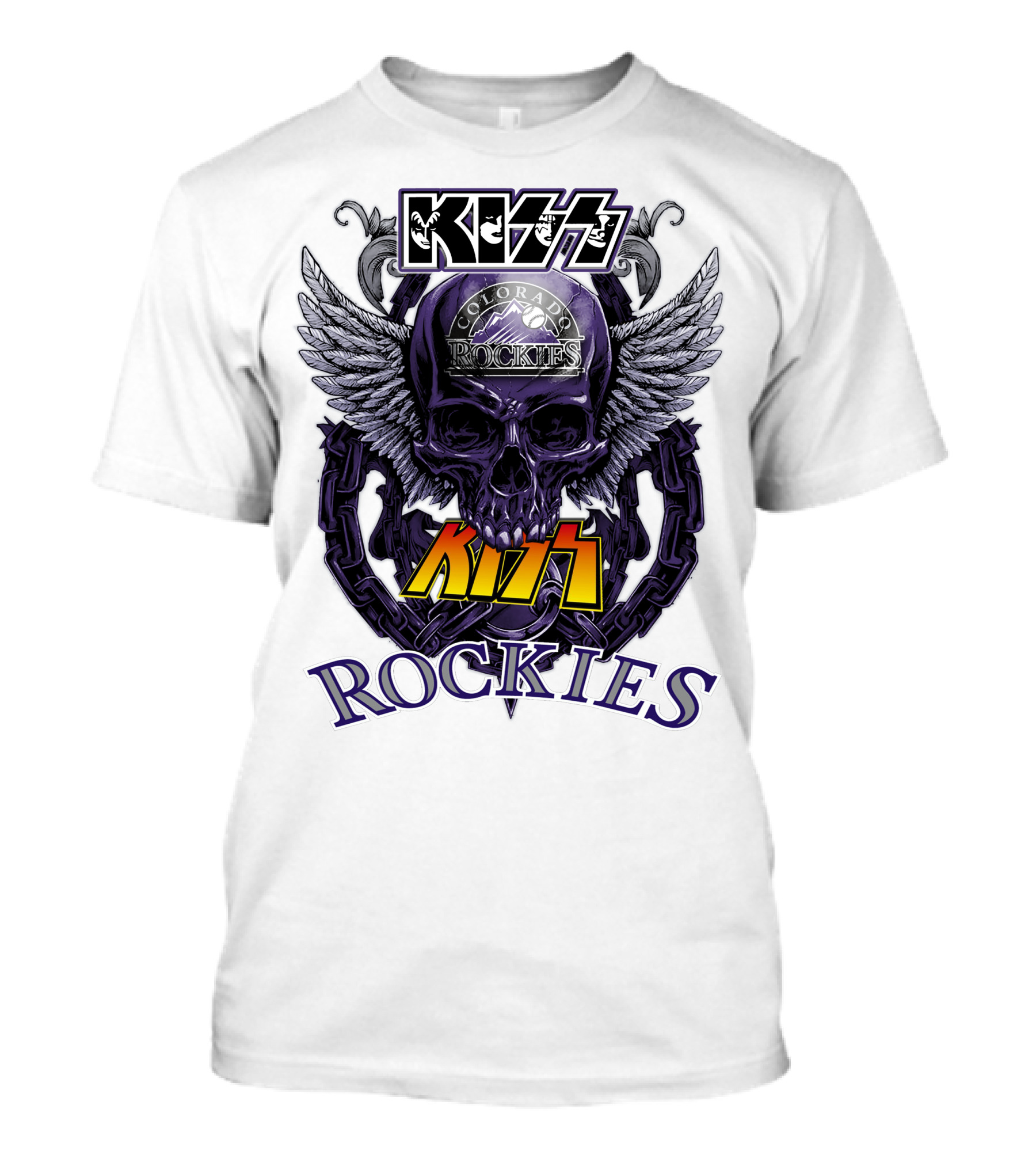 Kiss Colorado Rockies Skull Wings Logo Fusion T-Shirt