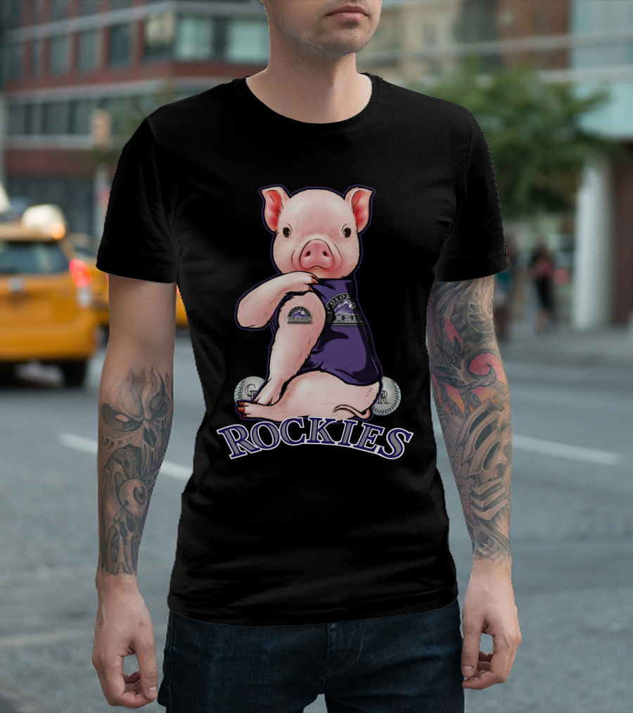 Pig Wearing Colorado Rockies Jersey with Baseballs and Rockies T-Shirt