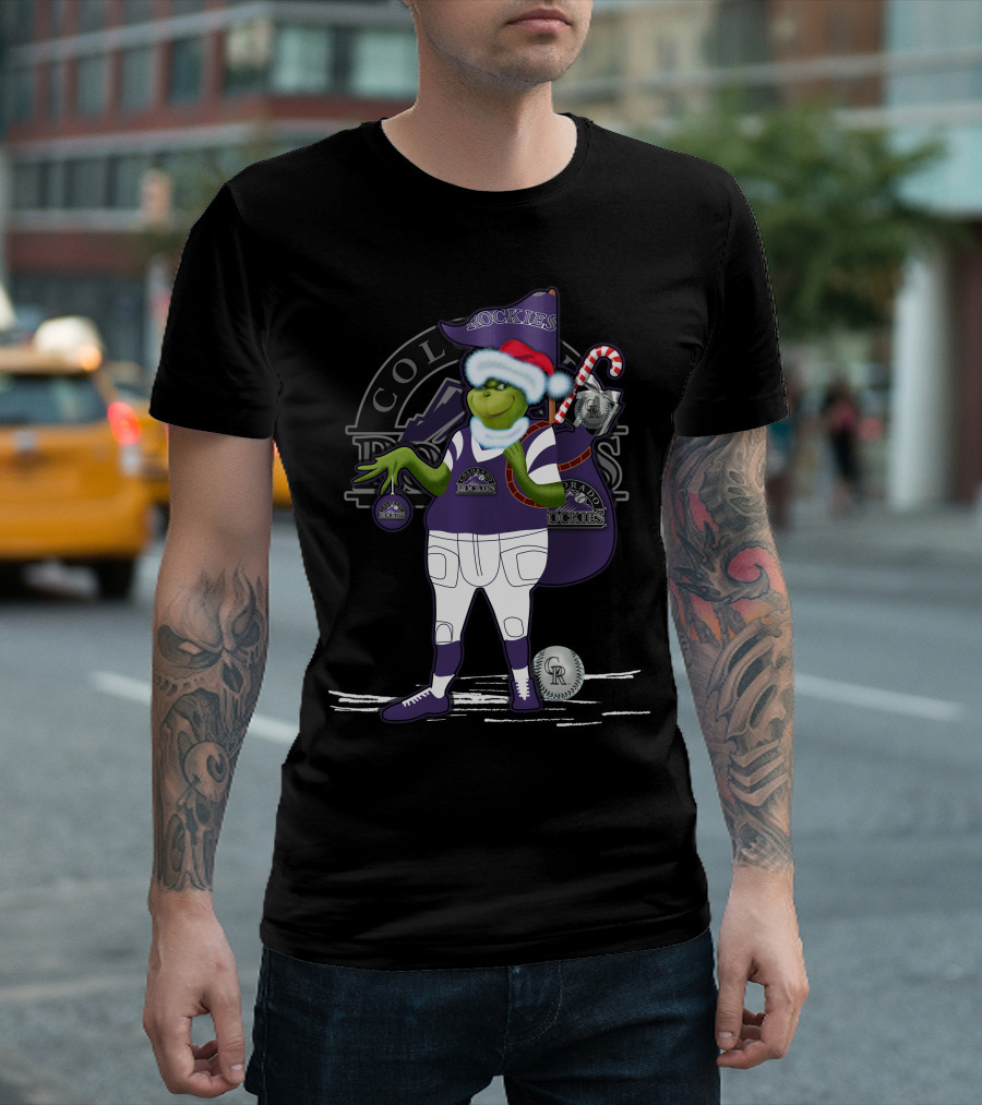 Grinchxmas Colorado Rockies Santa Grinch with Baseball Gear and Candy Cane T-Shirt