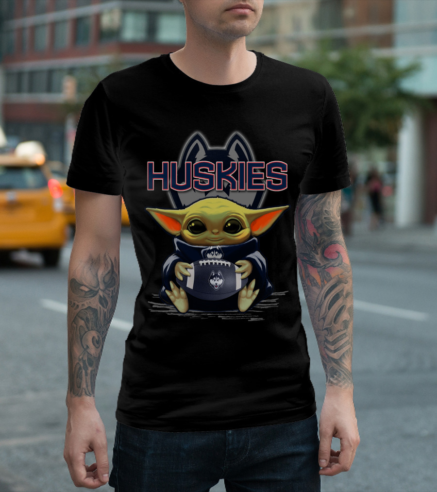 Yoda Holding Football with Connecticut Huskies T-Shirt