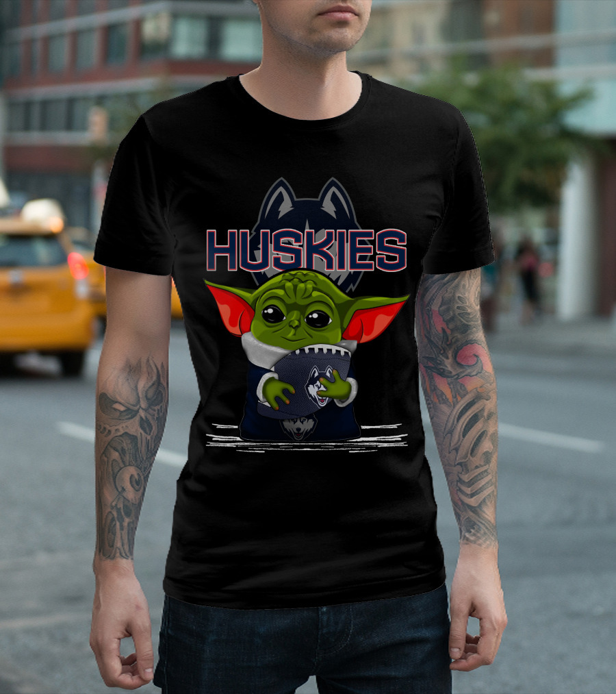 Huskies Yoda Holding Football with Connecticut Logo and Baby Yoda Character T-Shirt
