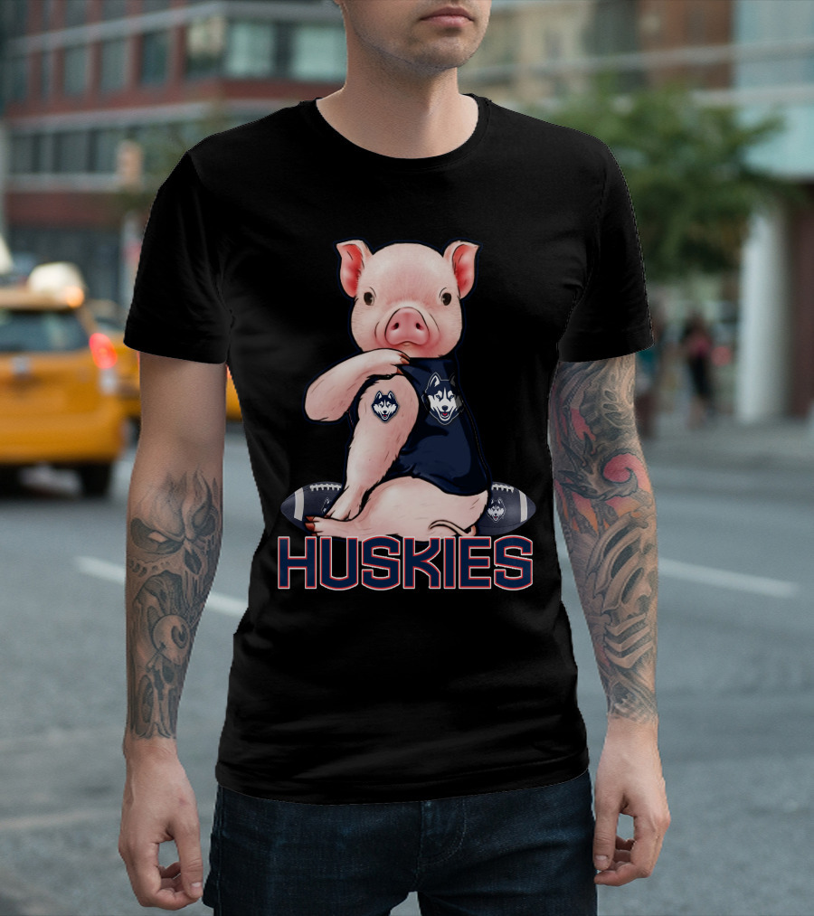 Pig Wearing Connecticut Huskies Logo Football Mascot T-Shirt