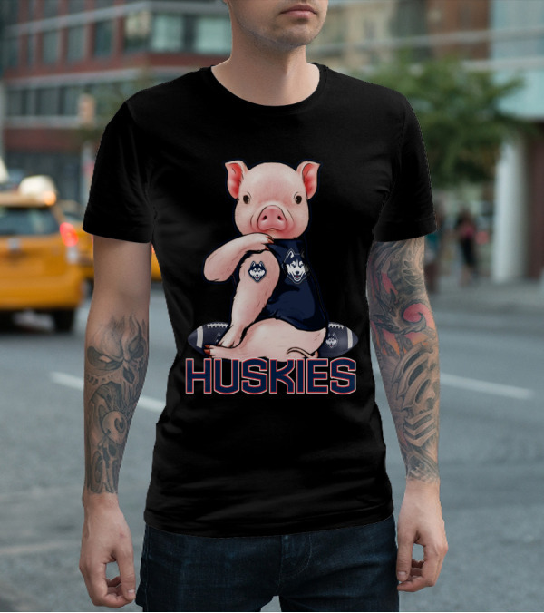 Pig Wearing Connecticut Huskies Logo Football Mascot T-Shirt
