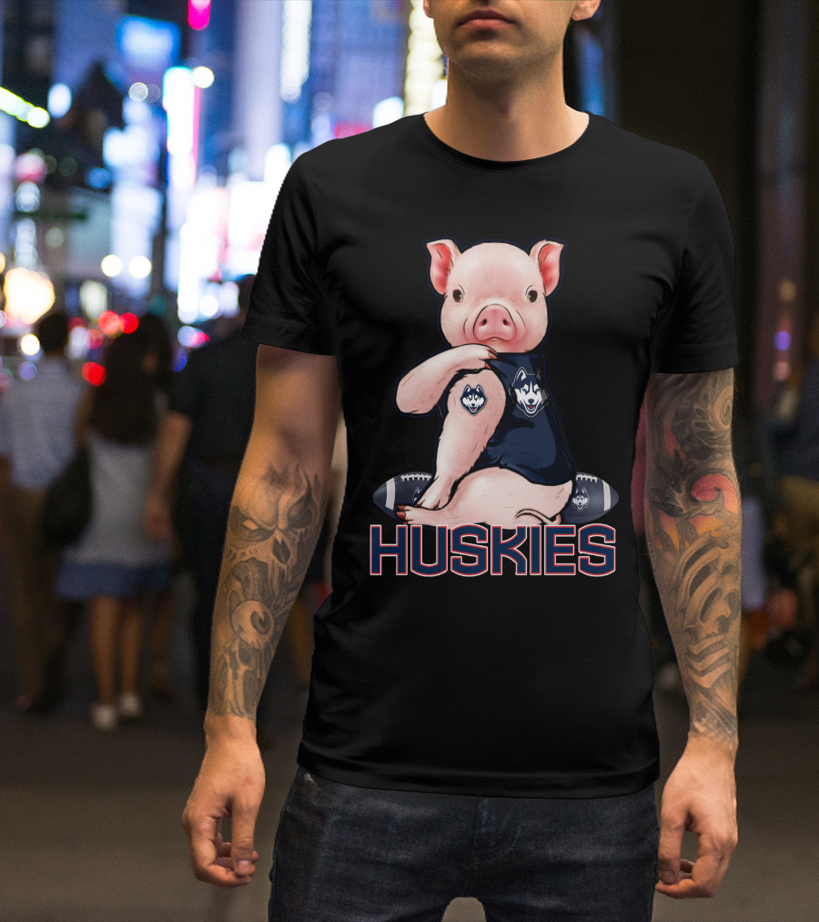 Pig Wearing Connecticut Huskies Logo Football Mascot T-Shirt