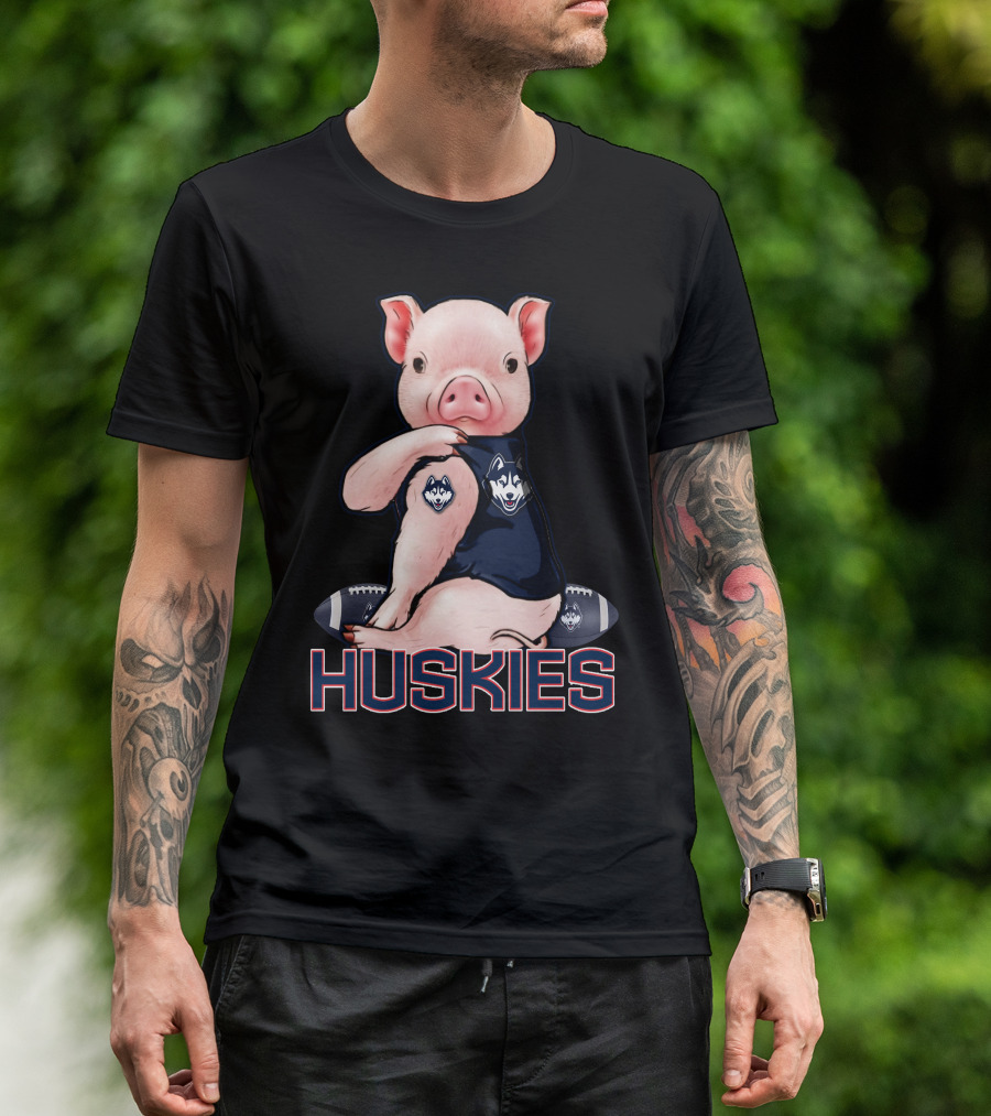 Pig Wearing Connecticut Huskies Logo Football Mascot T-Shirt