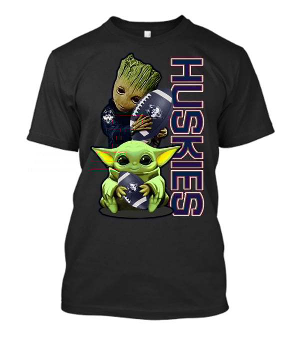 Grzd Connecticut Huskies Groot And Baby Yoda Football Team Spirit T-Shirt