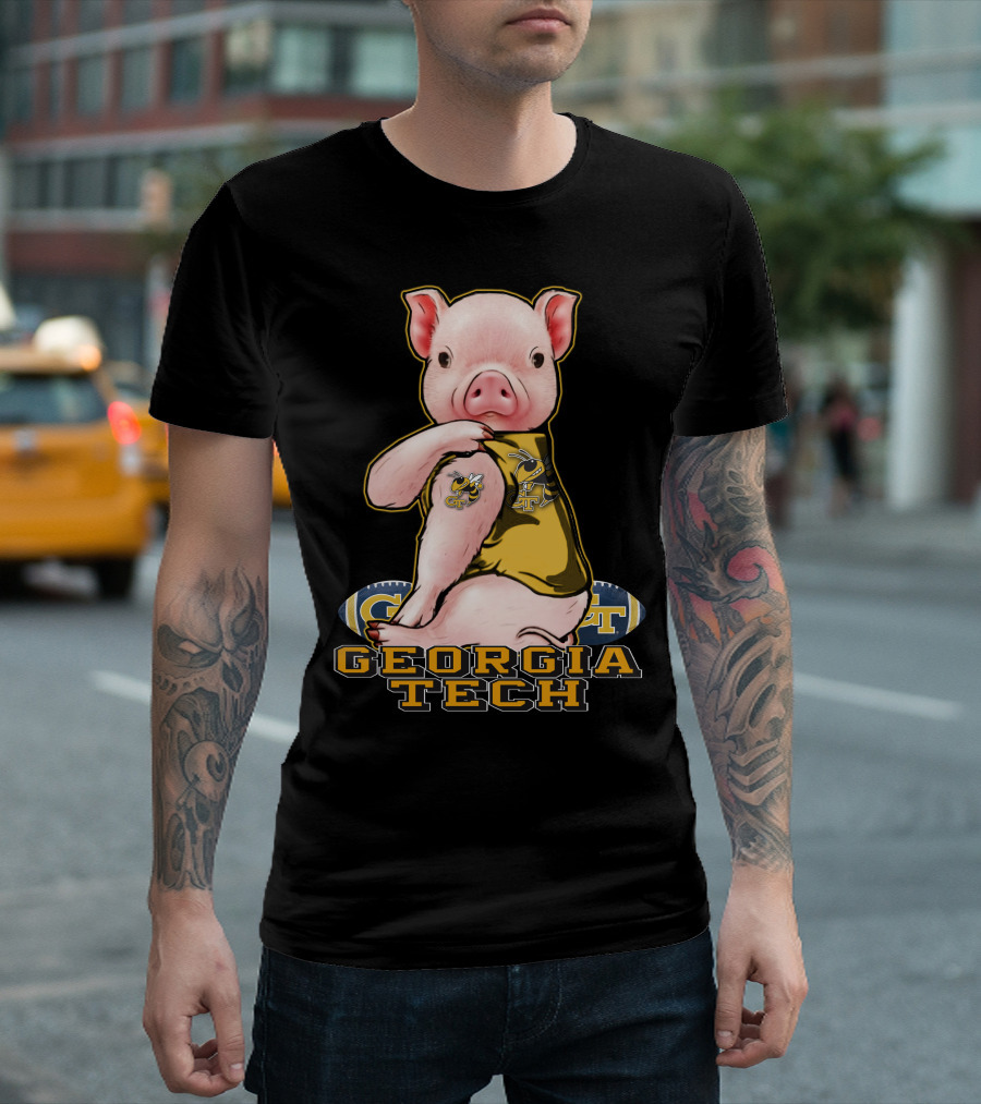 Pig Wearing Georgia Tech Yellow Jackets Mascot Jersey T-Shirt