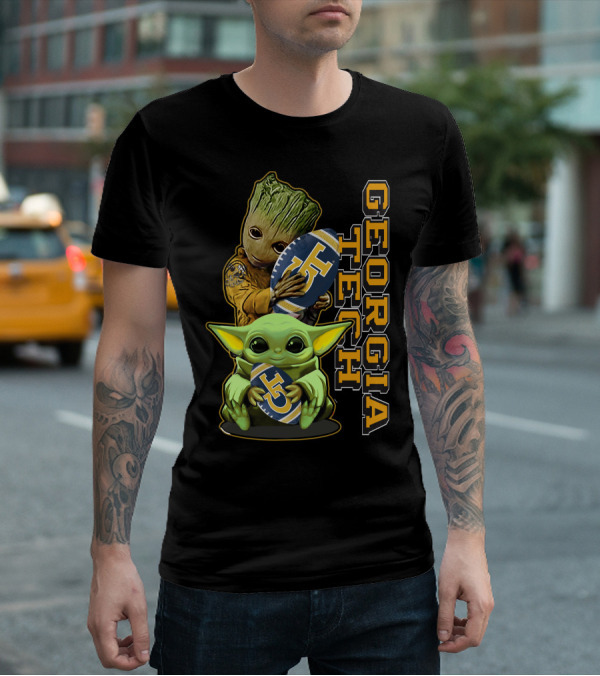 Grzd Georgia Tech Yellow Jackets Groot And Baby Yoda Football T-Shirt