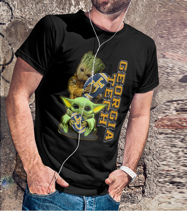 Grzd Georgia Tech Yellow Jackets Groot And Baby Yoda Football T-Shirt