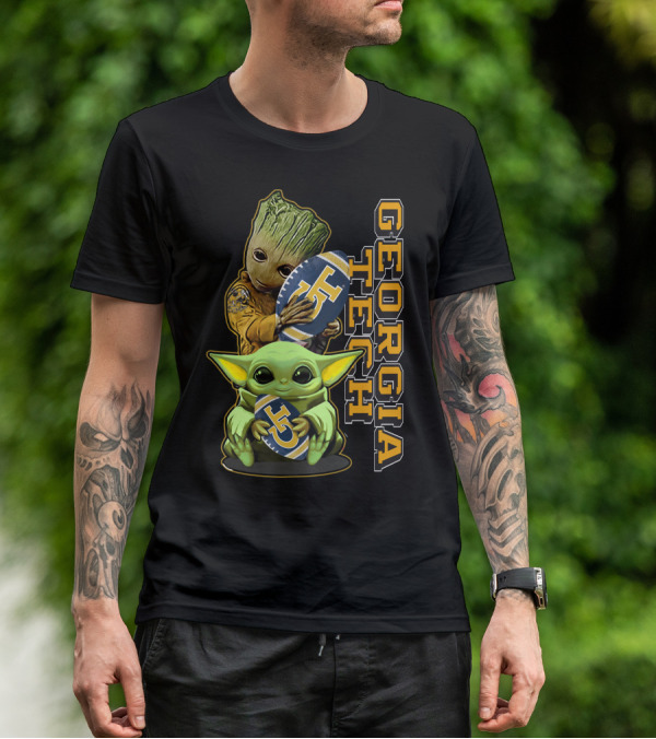 Grzd Georgia Tech Yellow Jackets Groot And Baby Yoda Football T-Shirt