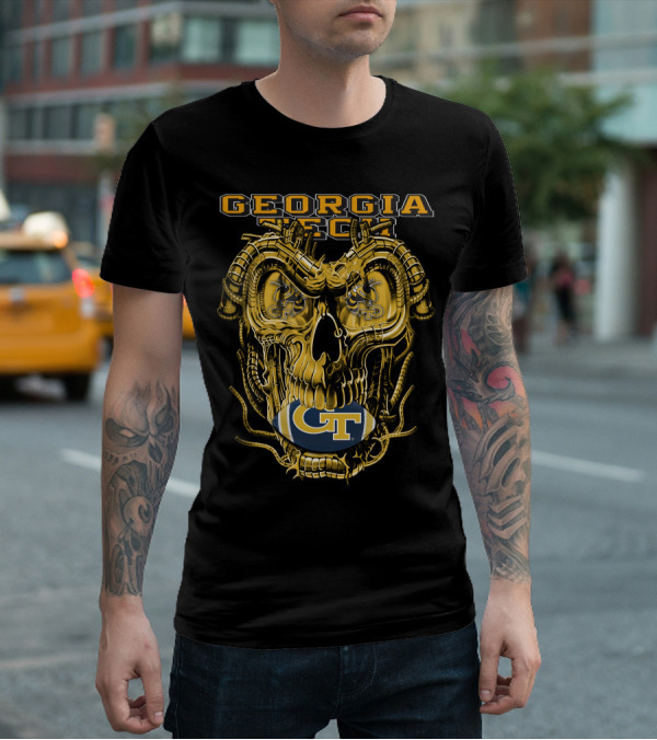 Georgia Tech Yellow Jackets Skull With GT Football And Mechanical Details T-Shirt