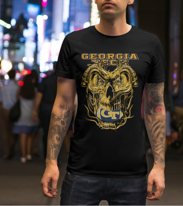 Georgia Tech Yellow Jackets Skull With GT Football And Mechanical Details T-Shirt