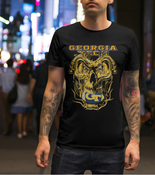 Georgia Tech Yellow Jackets Skull With GT Football And Mechanical Details T-Shirt