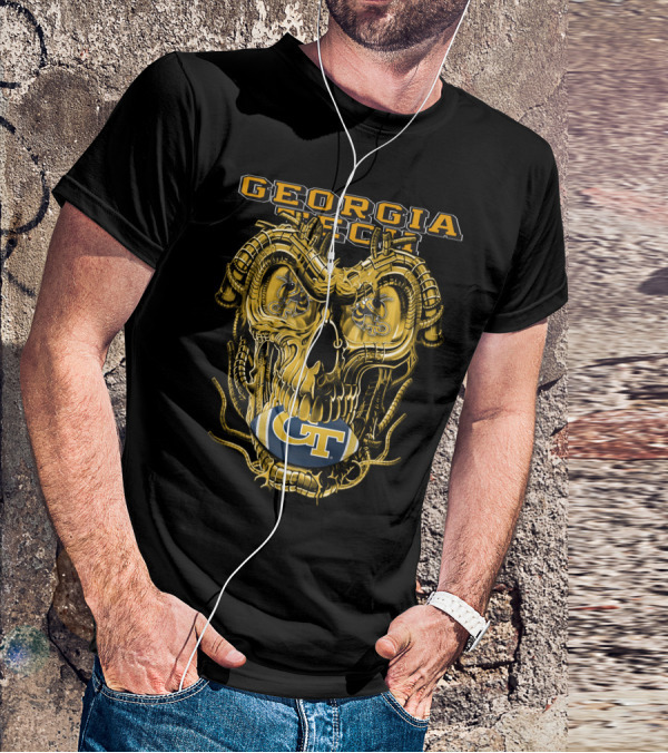 Georgia Tech Yellow Jackets Skull With GT Football And Mechanical Details T-Shirt
