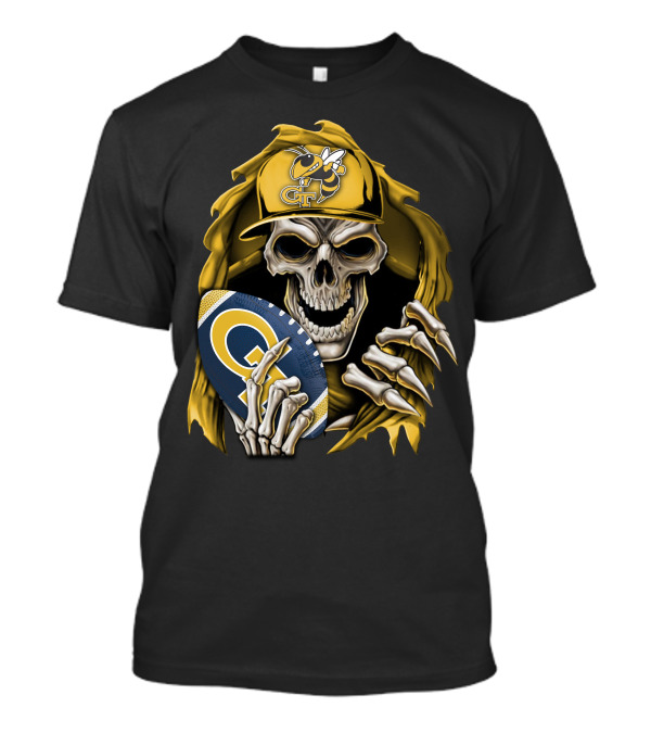 Skullbong Georgia Tech Yellow Jackets Grim Reaper Holding GT Football With Yellow Jacket Cap T-Shirt