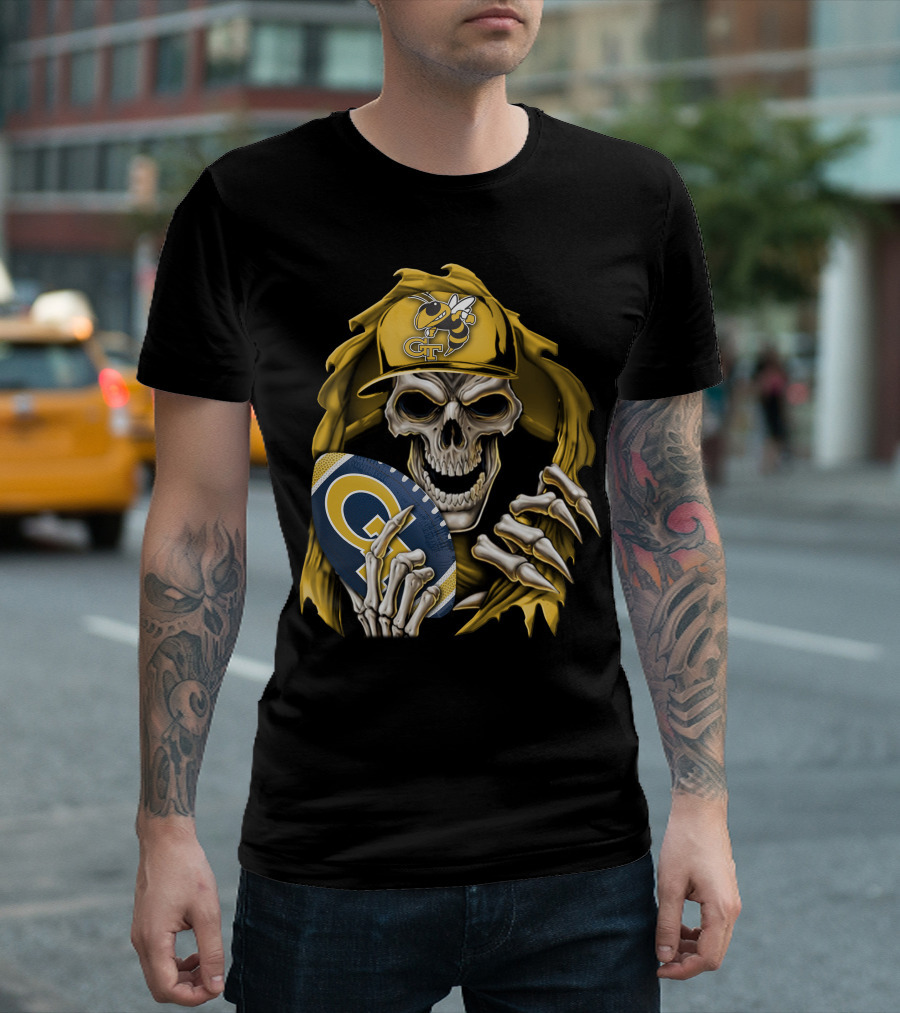 Skullbong Georgia Tech Yellow Jackets Grim Reaper Holding GT Football With Yellow Jacket Cap T-Shirt