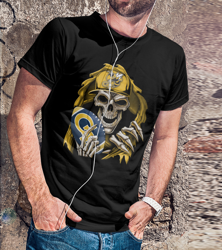 Skullbong Georgia Tech Yellow Jackets Grim Reaper Holding GT Football With Yellow Jacket Cap T-Shirt