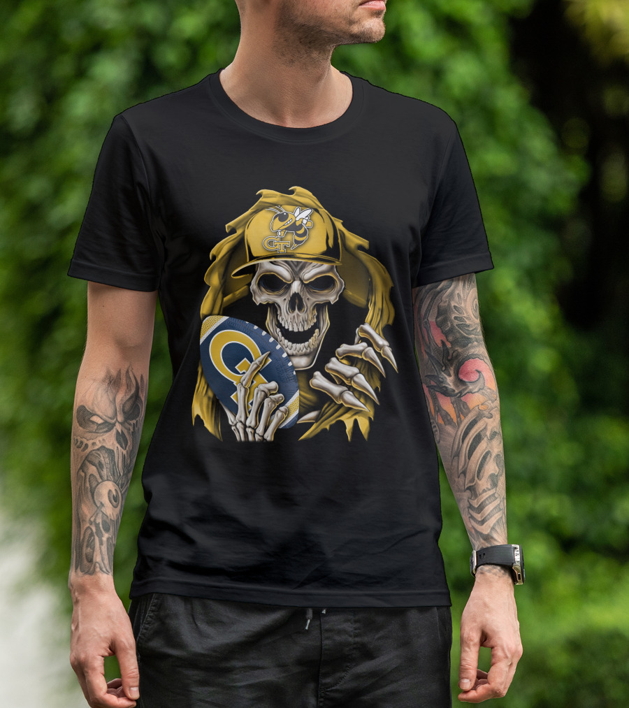 Skullbong Georgia Tech Yellow Jackets Grim Reaper Holding GT Football With Yellow Jacket Cap T-Shirt