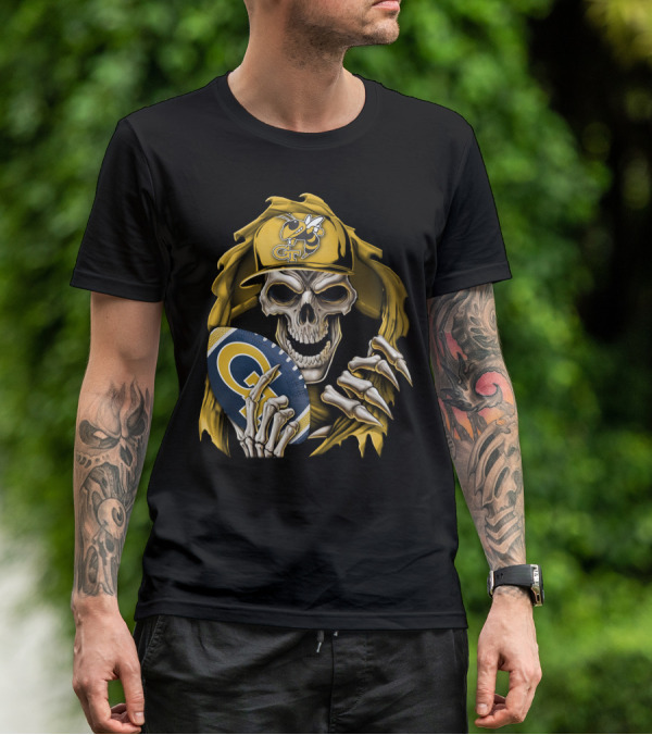 Skullbong Georgia Tech Yellow Jackets Grim Reaper Holding GT Football With Yellow Jacket Cap T-Shirt