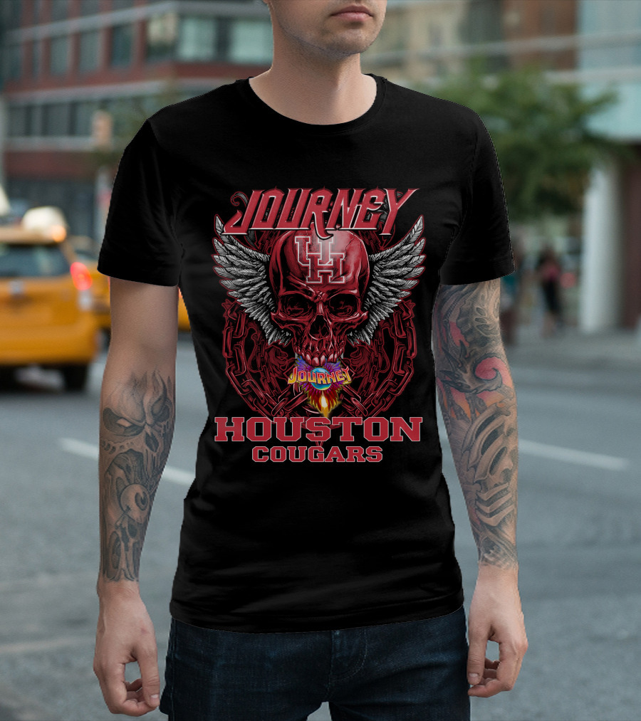 Journey Houston Cougars Skull Wings Flame Chains T-Shirt