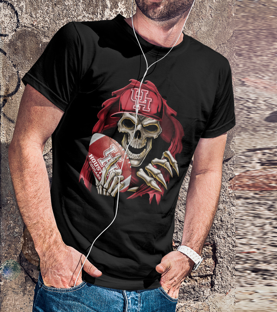 Skullbong Houston Cougars Skeleton Holding Football With UH T-Shirt