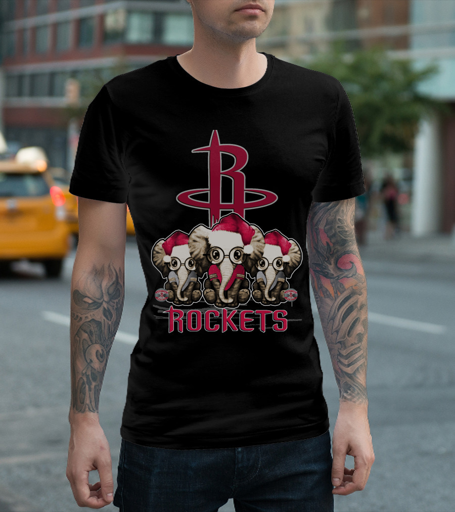Houston Rockets Xmas Elephants With Santa Hats T-Shirt