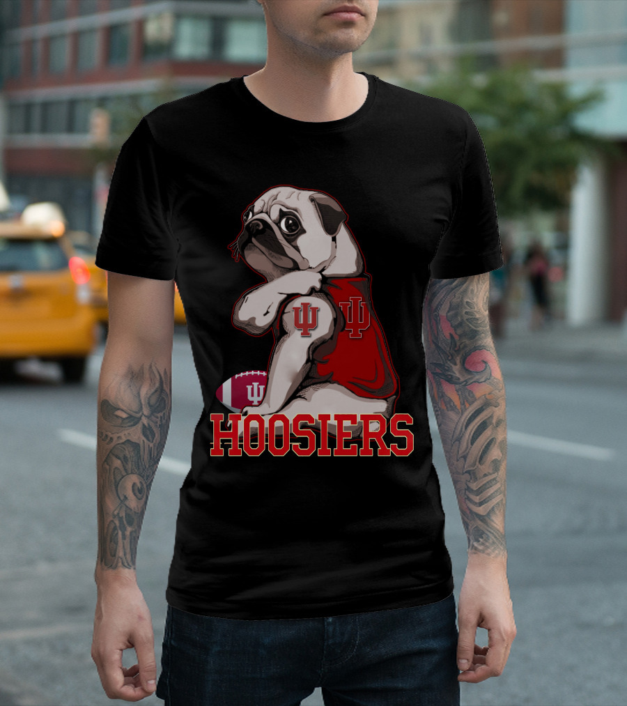 Pug Wearing Indiana Hoosiers Football Jersey With IU T-Shirt